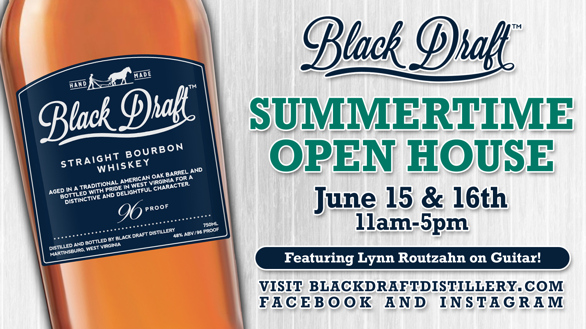 Black Draft Distillery Summertime Open House, June 15 and 16 from 11am - 5pm.  Featuring Lynn Routzahn on guitar!