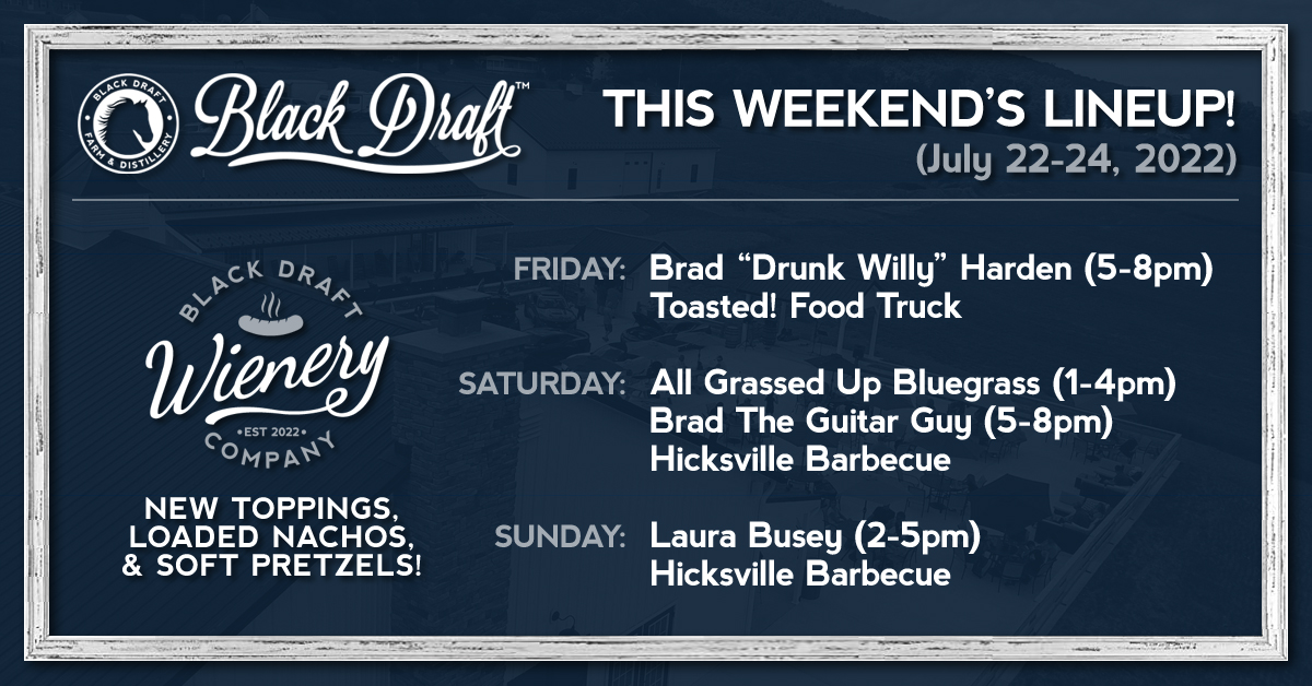 This Weekend's Lineup features: Brad 'Drunk Willy' Harden, Toasted! Food Truck, Brad The Guitar Guy, All Grassed Up Bluegrass, Hicksville Barbecue, and Laura Busey! Gonna be a warm weekend, so get a cocktail under the umbrellas on our patio! #martinsburg #westvirginia #cocktails #bourbon #vodka